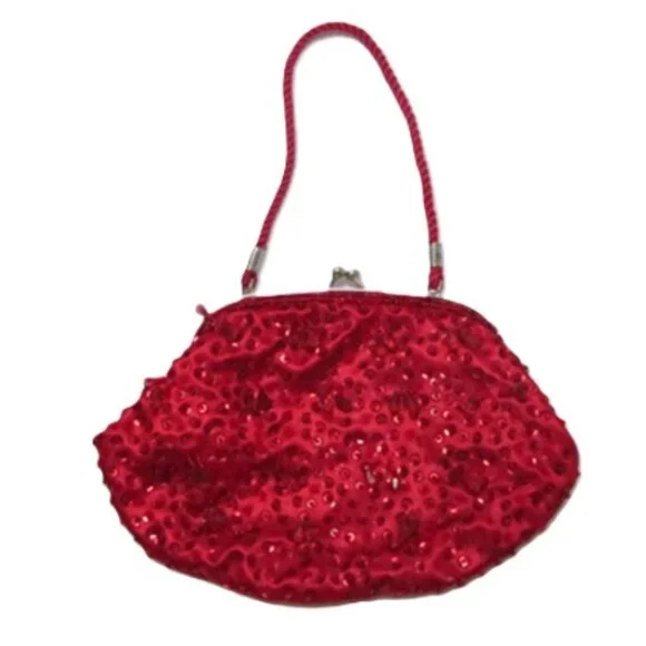 Red Beaded Evening Bag Clucth with handle - Picture 7 of 7